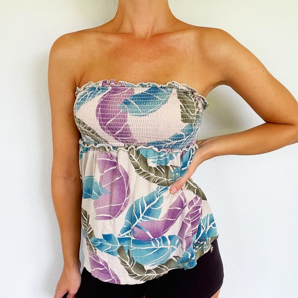 Billabong blue purple strapless tropical leaf smocked elastic top size small - Picture 1 of 8